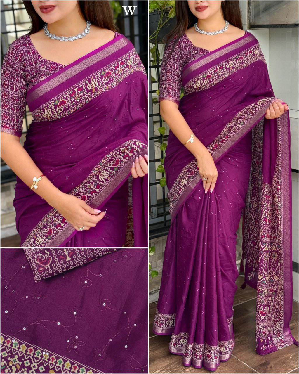 Sequins Jaal & Zari Border Mul Mul Cotton Ajrakh Printed Saree with Running Blouse