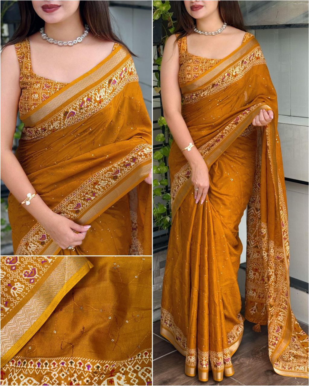 Sequins Jaal & Zari Border Mul Mul Cotton Ajrakh Printed Saree with Running Blouse