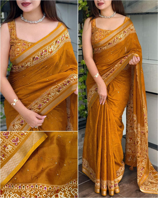 Sequins Jaal & Zari Border Mul Mul Cotton Ajrakh Printed Saree with Running Blouse
