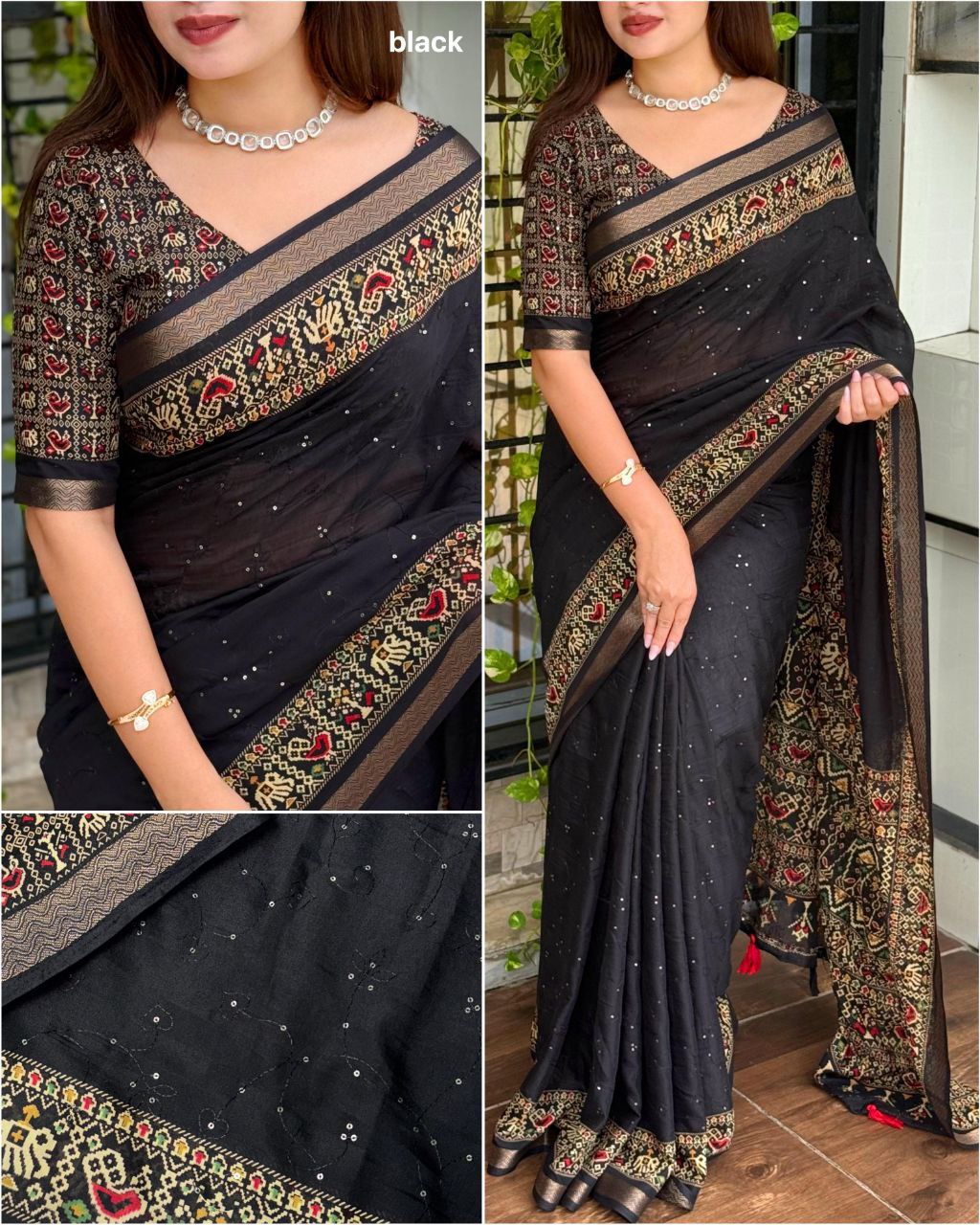 Sequins Jaal & Zari Border Mul Mul Cotton Ajrakh Printed Saree with Running Blouse