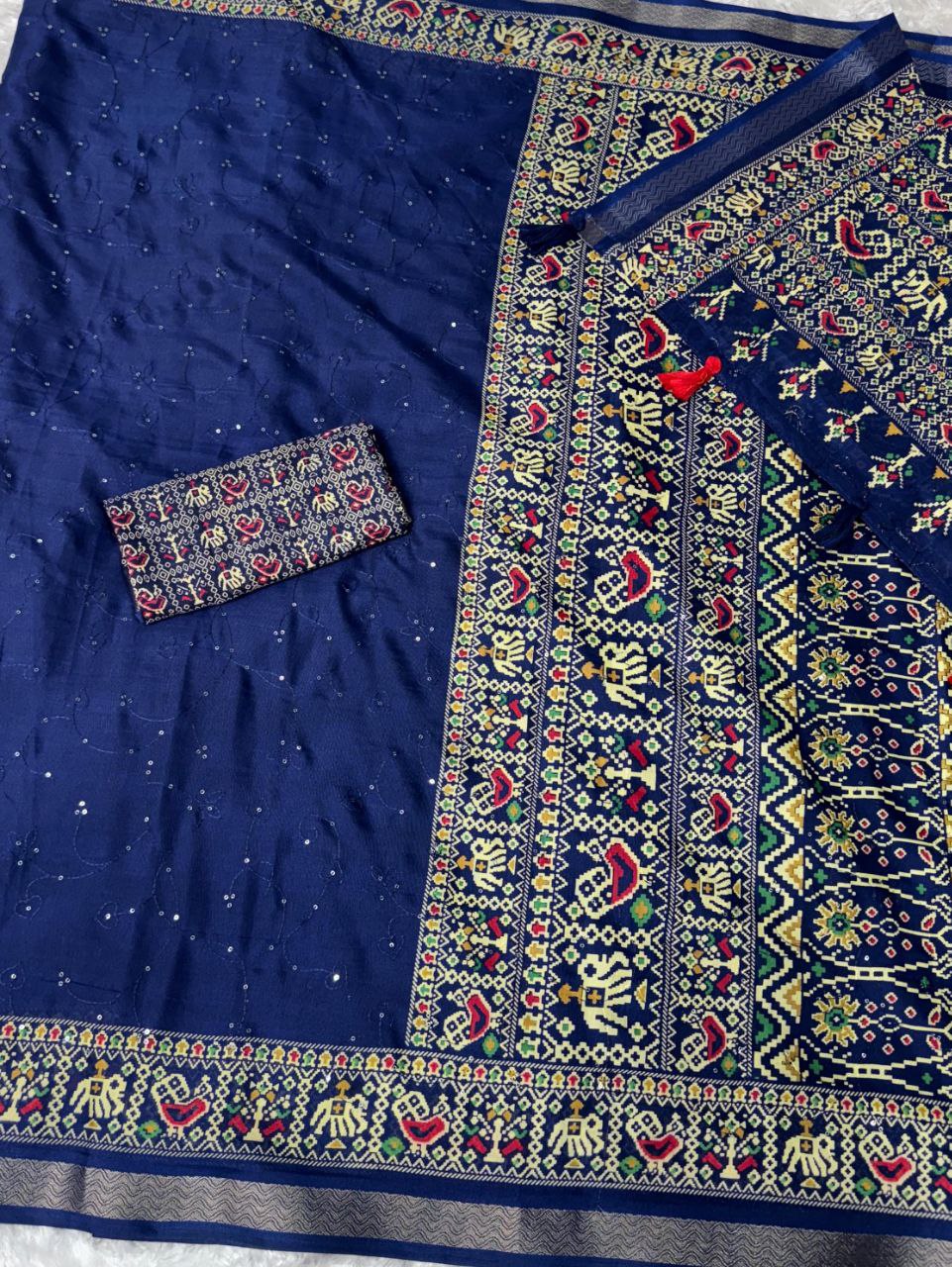 Sequins Jaal & Zari Border Mul Mul Cotton Ajrakh Printed Saree with Running Blouse