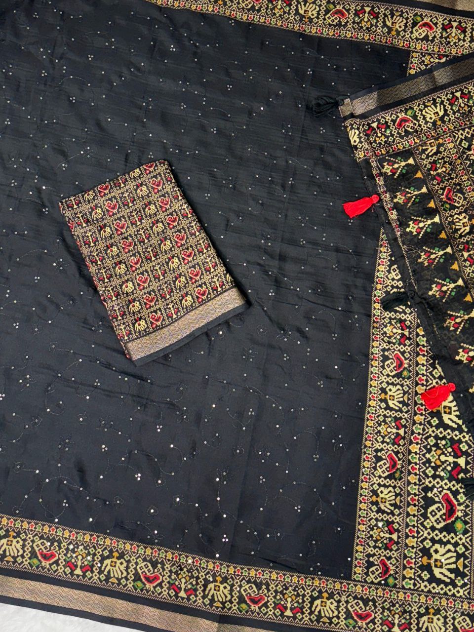 Sequins Jaal & Zari Border Mul Mul Cotton Ajrakh Printed Saree with Running Blouse