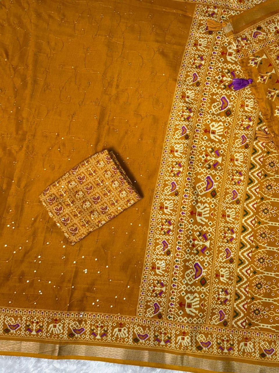 Sequins Jaal & Zari Border Mul Mul Cotton Ajrakh Printed Saree with Running Blouse