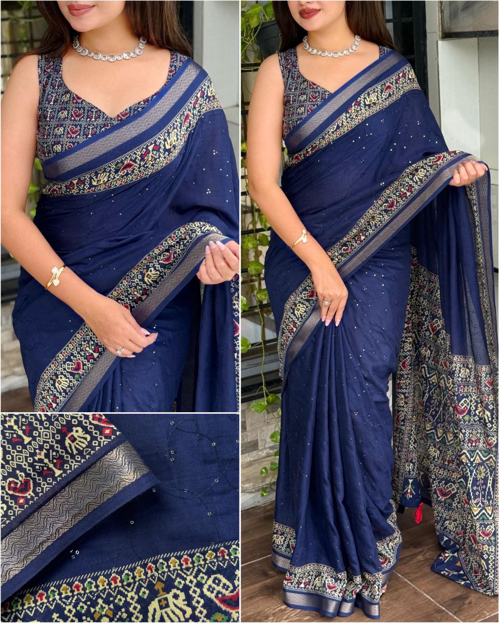 Sequins Jaal & Zari Border Mul Mul Cotton Ajrakh Printed Saree with Running Blouse