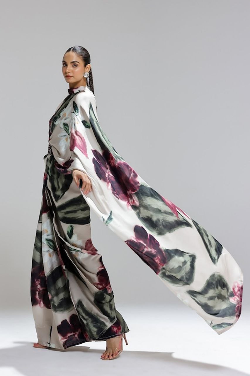 Kriti Sanon Inspired Floral Digital Print Japan Satin Silk Saree with Matching Blouse