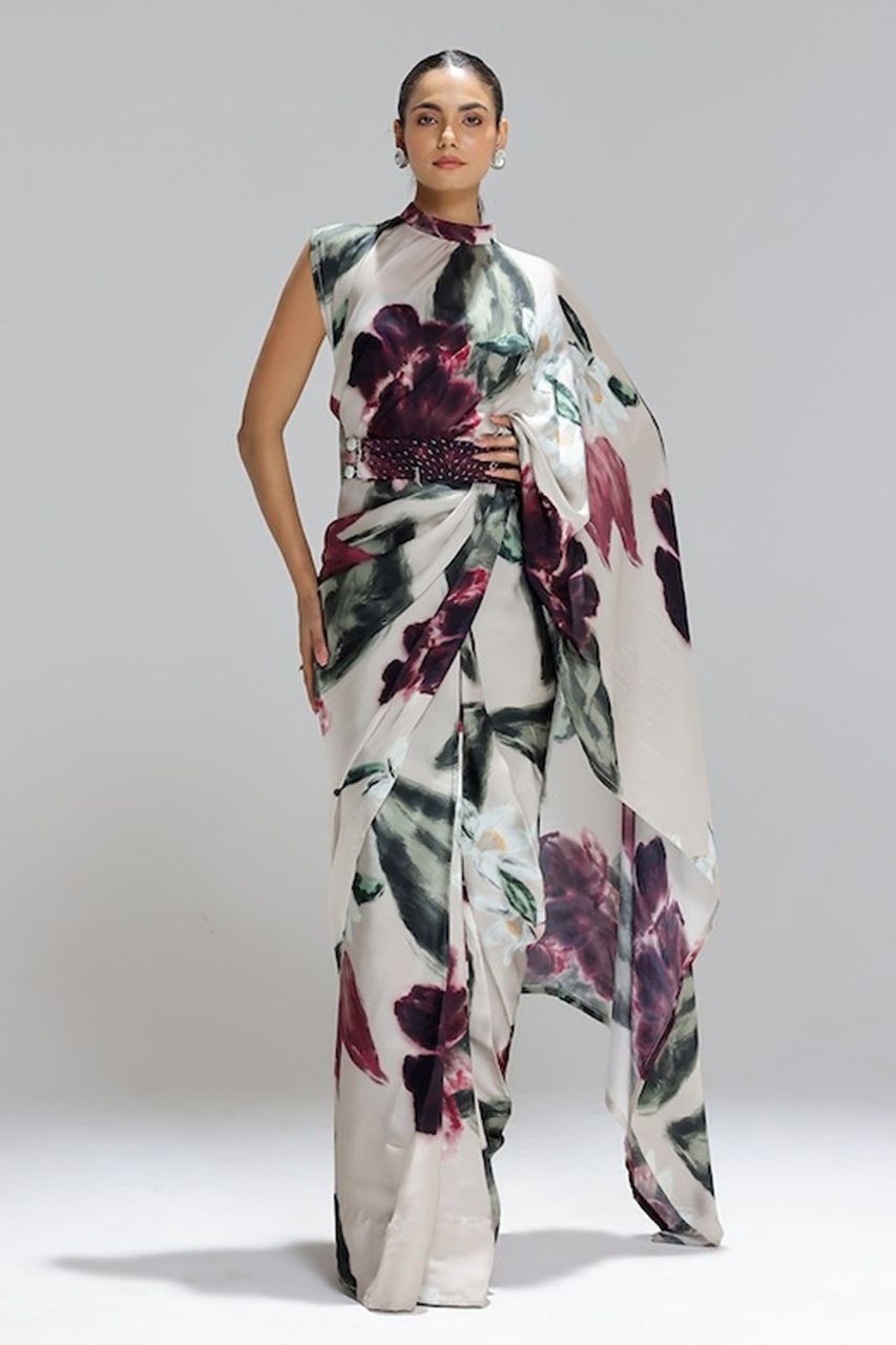 Kriti Sanon Inspired Floral Digital Print Japan Satin Silk Saree with Matching Blouse