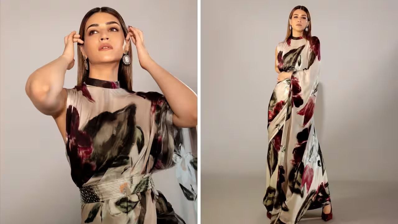 Kriti Sanon Inspired Floral Digital Print Japan Satin Silk Saree with Matching Blouse