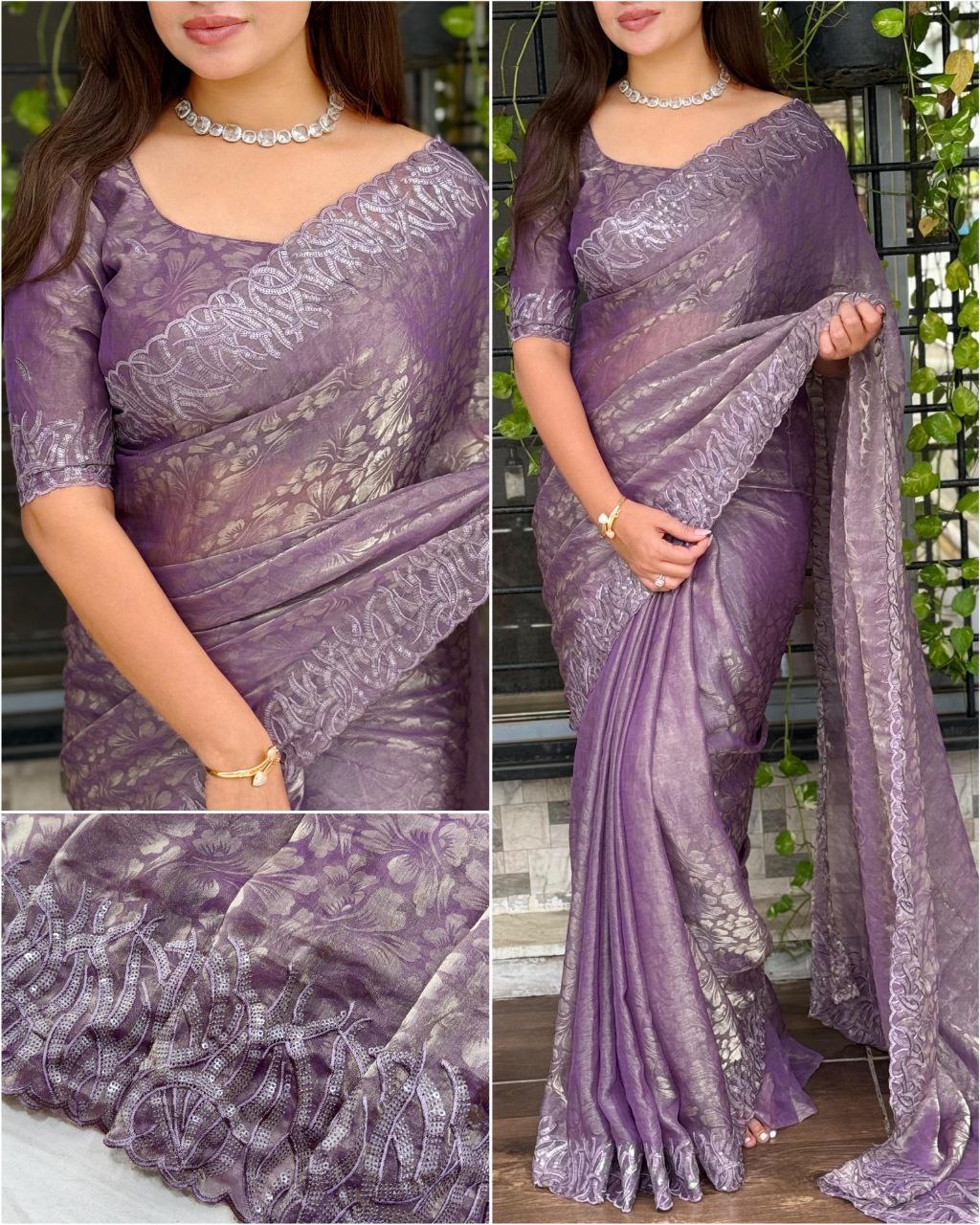 Embroidered Nc Satin Party Wear Shiny Self Jacquard Saree with Unstitched Blouse