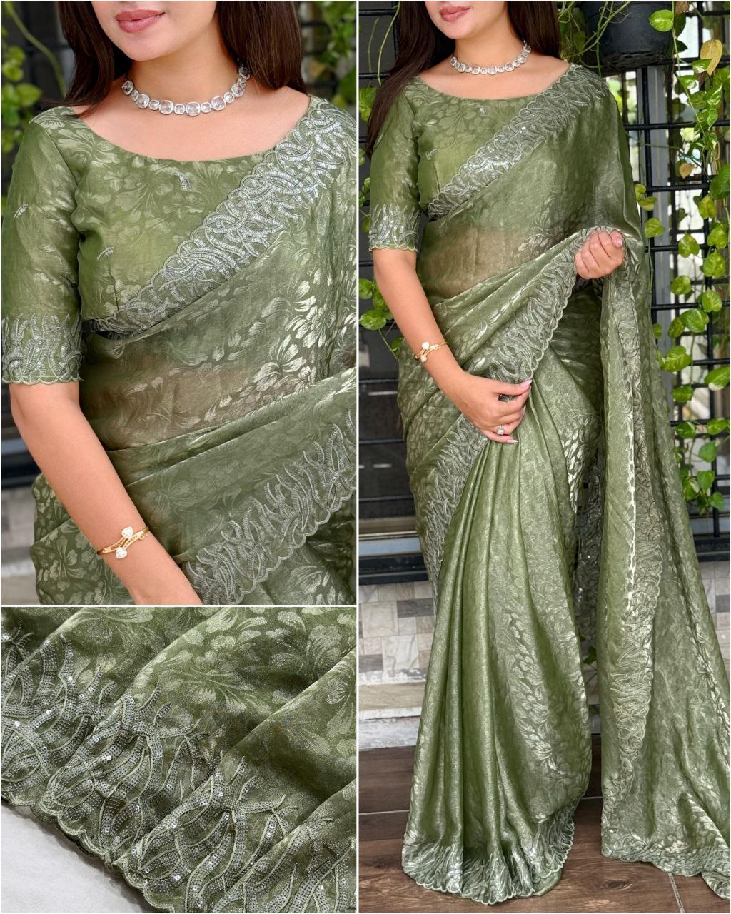 Embroidered Nc Satin Party Wear Shiny Self Jacquard Saree with Unstitched Blouse