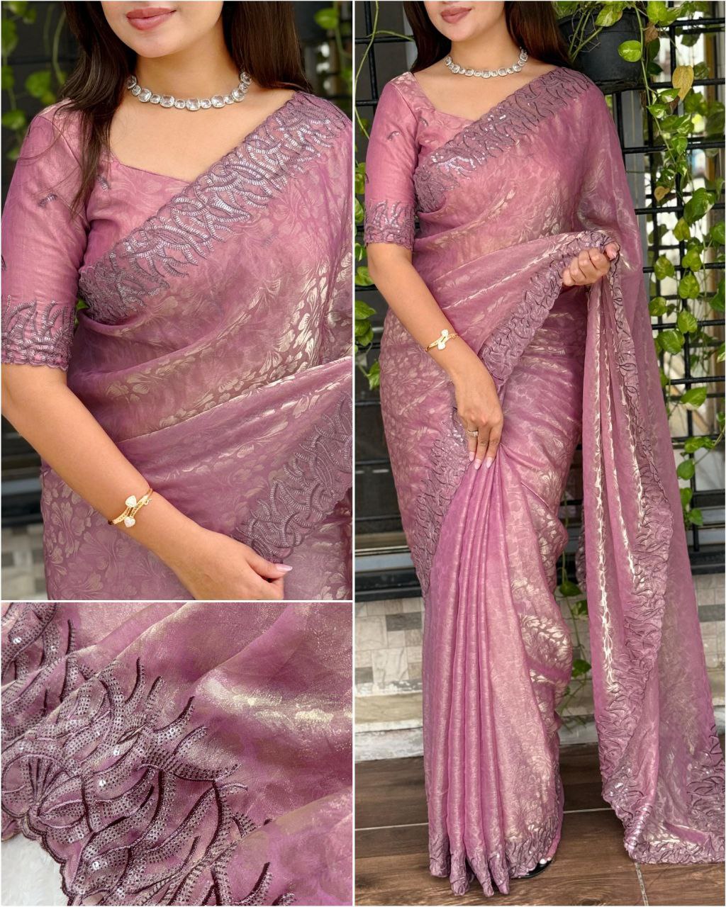 Embroidered Nc Satin Party Wear Shiny Self Jacquard Saree with Unstitched Blouse