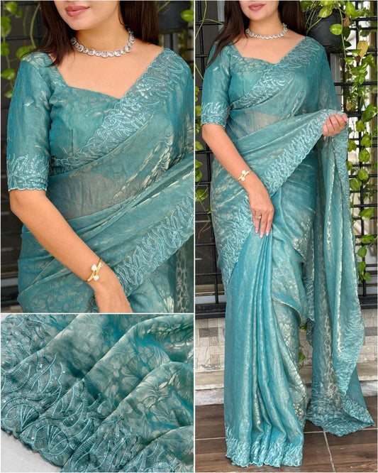 Embroidered Nc Satin Party Wear Shiny Self Jacquard Saree with Unstitched Blouse