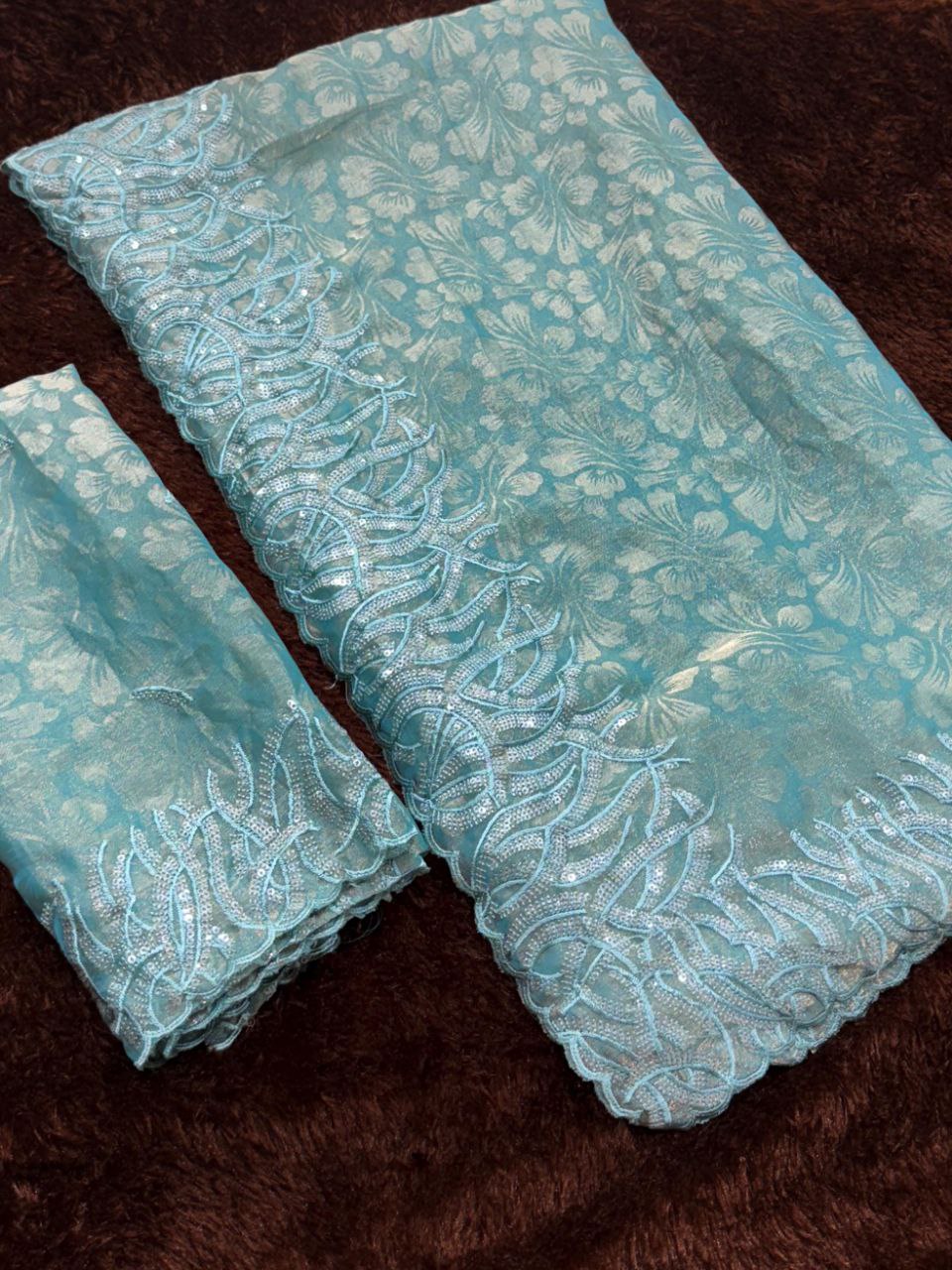 Embroidered Nc Satin Party Wear Shiny Self Jacquard Saree with Unstitched Blouse