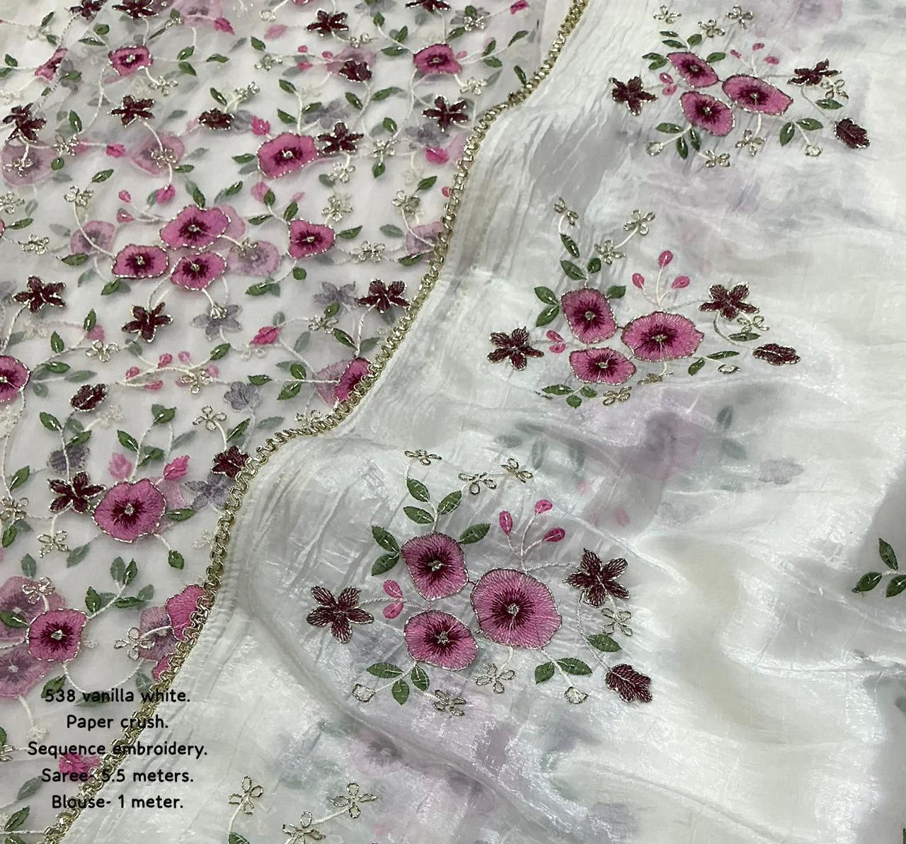 Floral Embroidered Hand  Pearl Sequins Work Outing Paper Silk Saree with Unstitched Blouse Piece