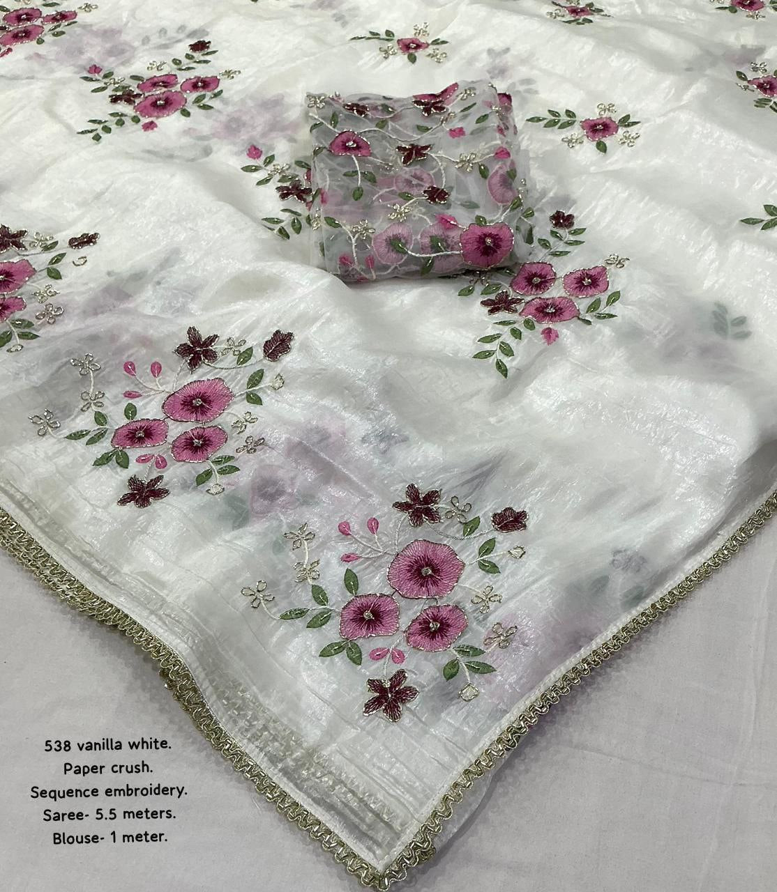 Floral Embroidered Hand  Pearl Sequins Work Outing Paper Silk Saree with Unstitched Blouse Piece