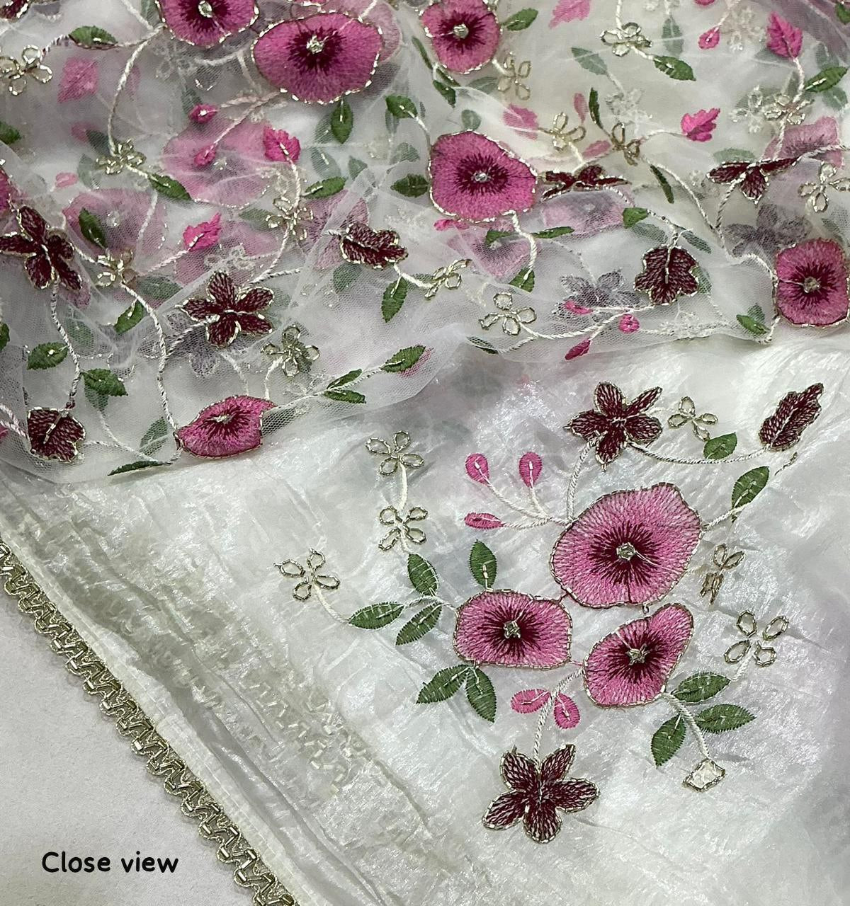 Floral Embroidered Hand  Pearl Sequins Work Outing Paper Silk Saree with Unstitched Blouse Piece