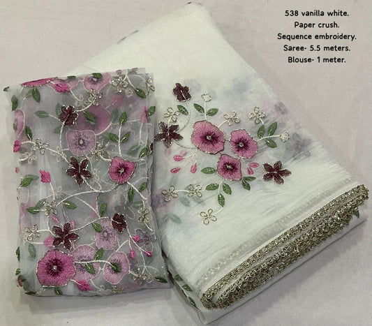 Floral Embroidered Hand  Pearl Sequins Work Outing Paper Silk Saree with Unstitched Blouse Piece