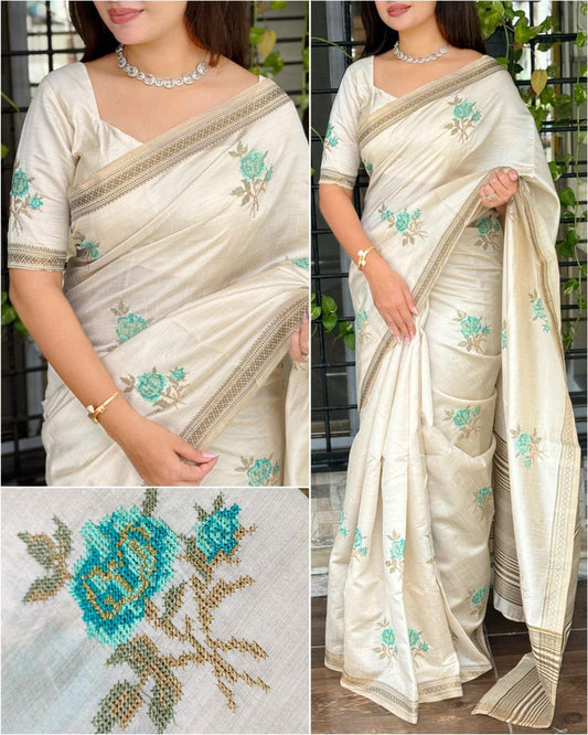 Zari Weaving Pallu With Jacquard Border Tusser Silk Kashmir Embroidery Work Saree With Running Blouse