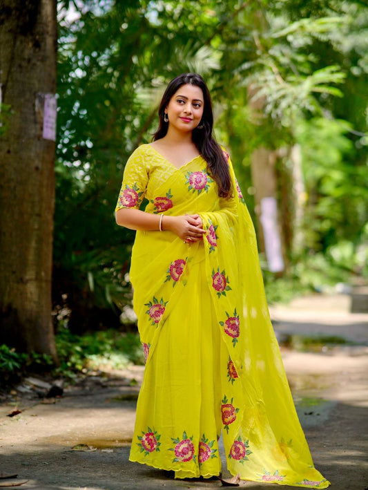 Heavy Rose Sequence Embroidered Lemon Organza Saree with Banarasi Silk Blouse