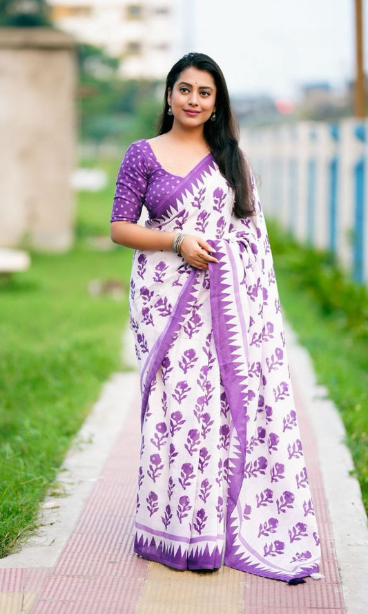 Women's Batik Rose Print Soft Linen Saree with Matching Blouse Piece