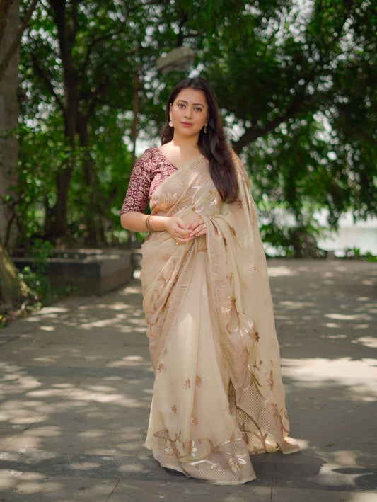 Goldish Beige Satin Georgette Sequence Embroidered Saree with Contrast Coffee Banarasi Blouse
