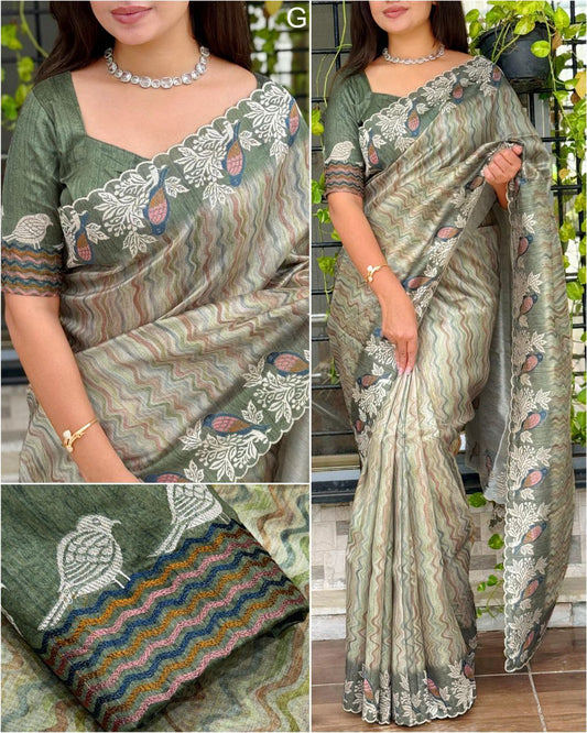 Kashmiri Embroidery & Digital Print Tusser Silk Saree WIth Blouse