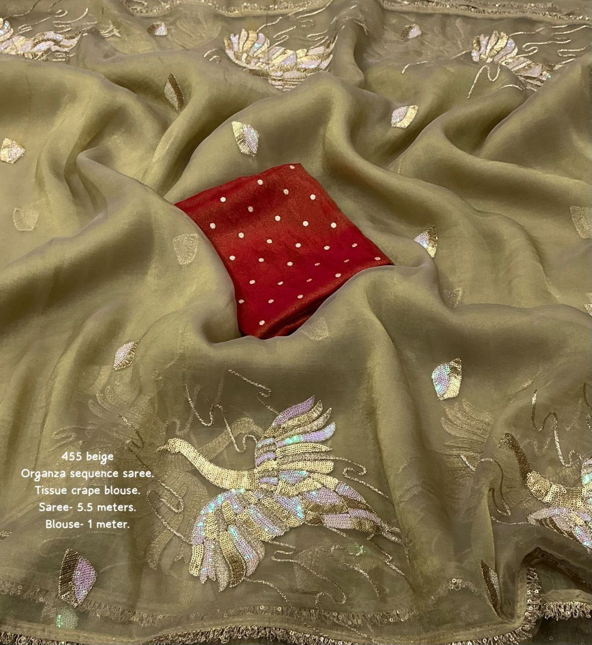 Beige Embroidered Lightweight Party Wear Organza Saree with Blouse