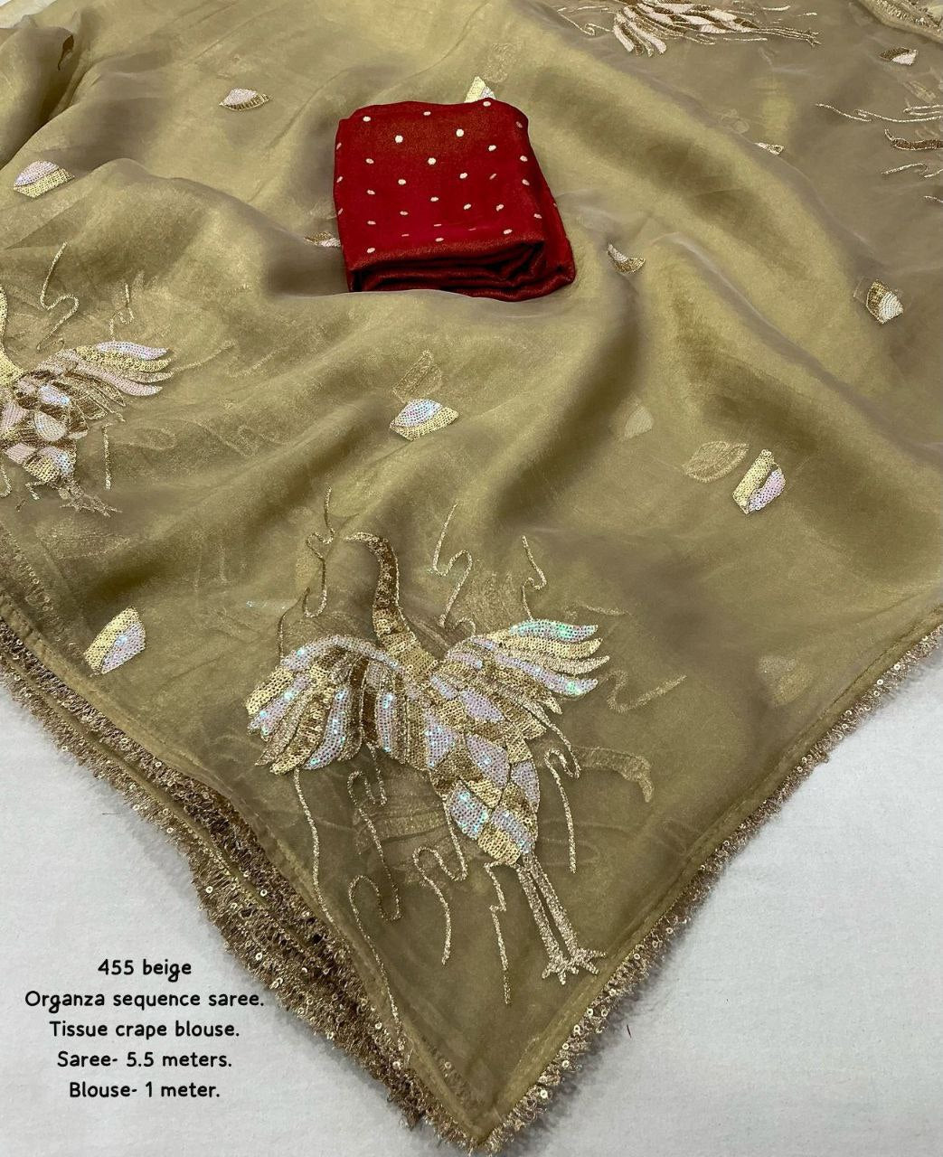 Beige Embroidered Lightweight Party Wear Organza Saree with Blouse