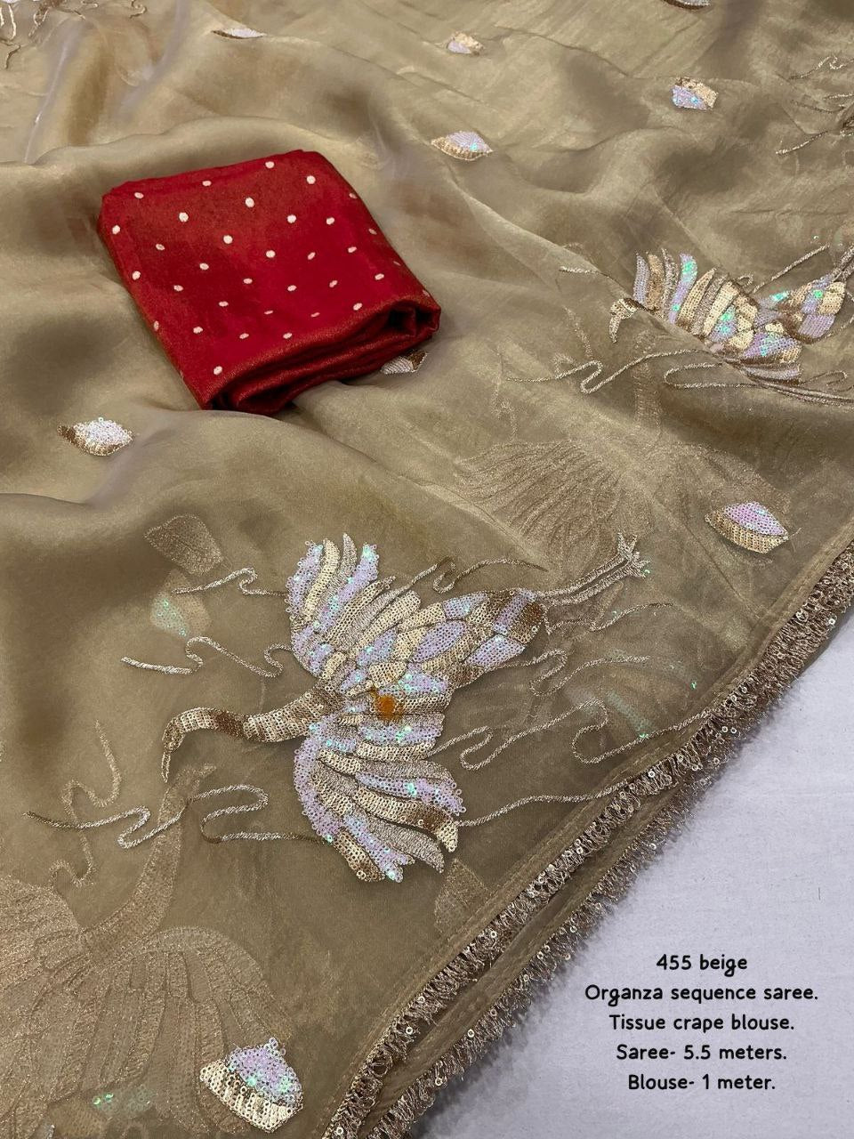 Beige Embroidered Lightweight Party Wear Organza Saree with Blouse