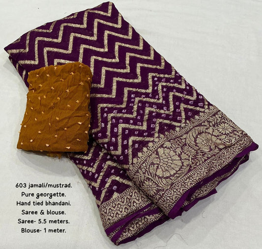 Zari Weave Hand Tied Pure Georgette Bandhani Saree with & Matching Unstitched Blouse