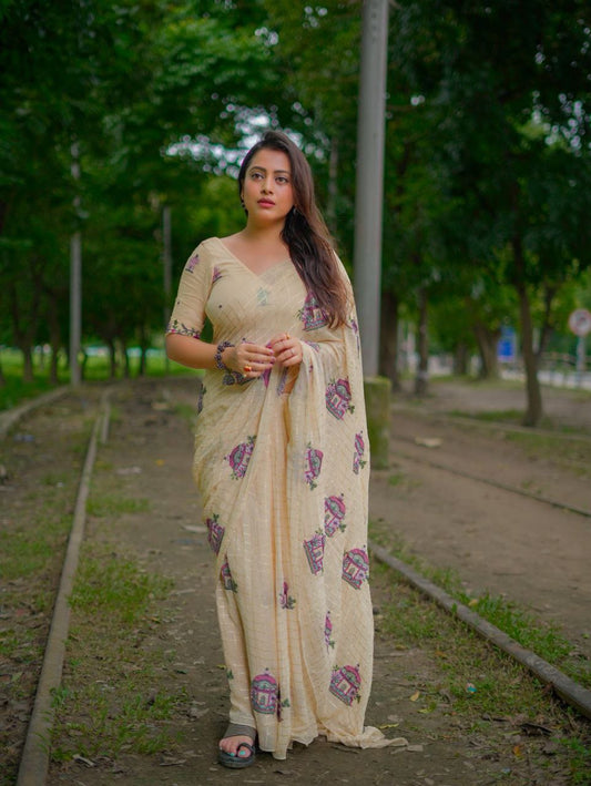 Zari Check & Embroidered Jharokha Buttas Pure Georgette Saree with Blouse