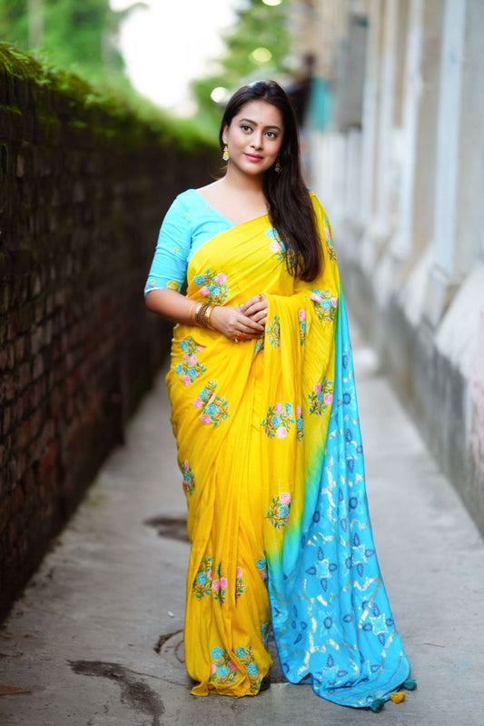 Embroidery Butta Work Dual Color Muslin Cotton Saree with Blouse Piece