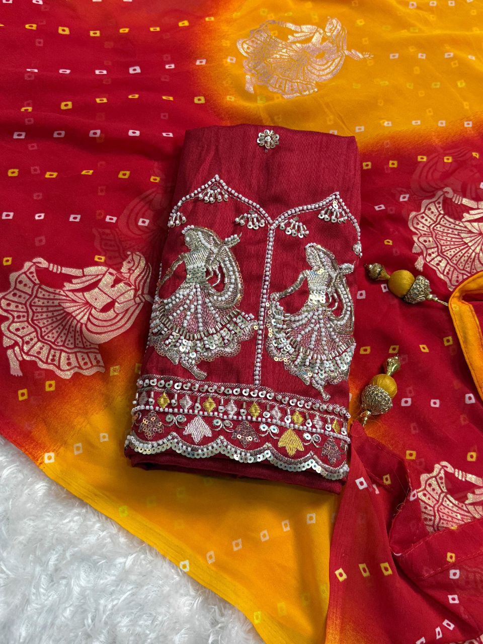 Bandhej Print Foil Butta Work Georgette Saree with Embroidered Bead & Pearl Blouse