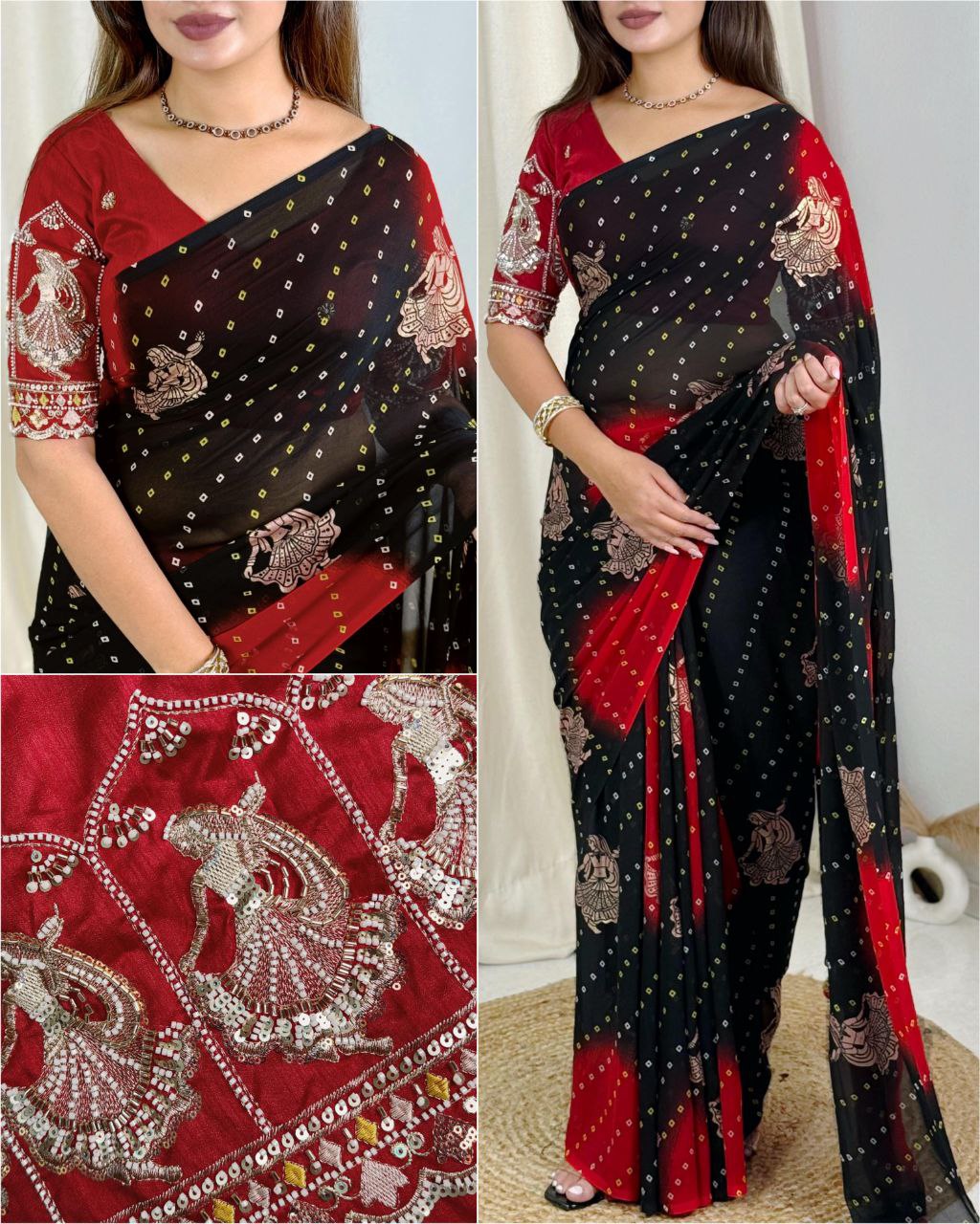 Bandhej Print Foil Butta Work Georgette Saree with Embroidered Bead & Pearl Blouse