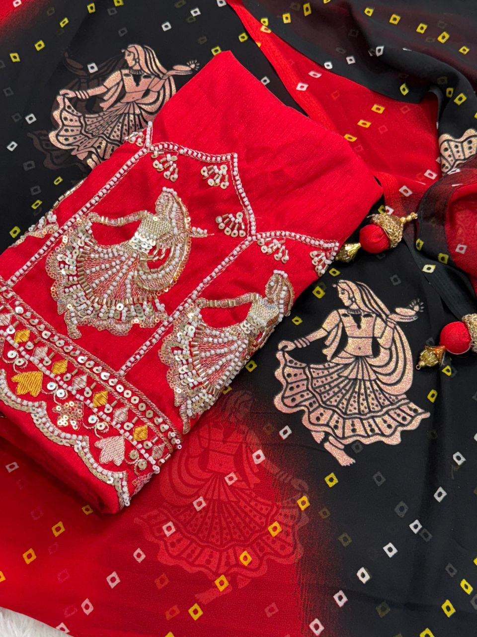 Bandhej Print Foil Butta Work Georgette Saree with Embroidered Bead & Pearl Blouse