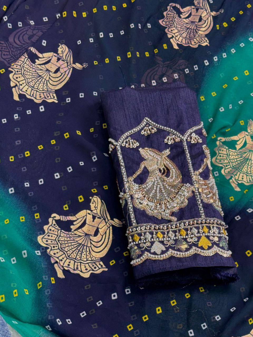 Bandhej Print Foil Butta Work Georgette Saree with Embroidered Bead & Pearl Blouse