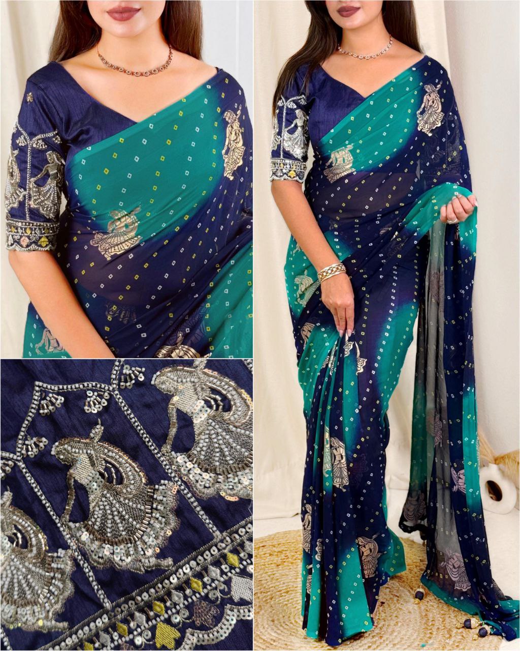 Bandhej Print Foil Butta Work Georgette Saree with Embroidered Bead & Pearl Blouse