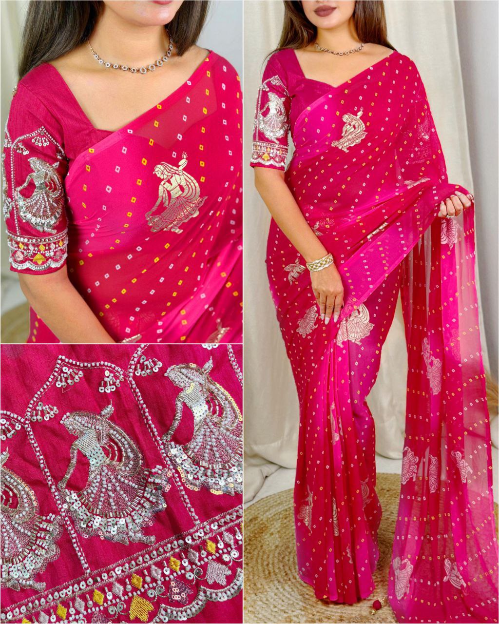 Bandhej Print Foil Butta Work Georgette Saree with Embroidered Bead & Pearl Blouse