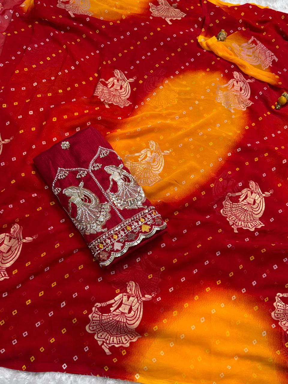 Bandhej Print Foil Butta Work Georgette Saree with Embroidered Bead & Pearl Blouse