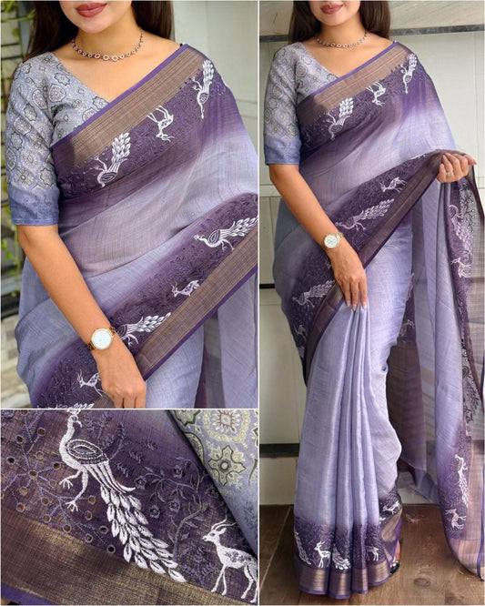 Embroidered Boaring Work Zari Border Tussar Cotton Saree With Ajrakh Print Blouse