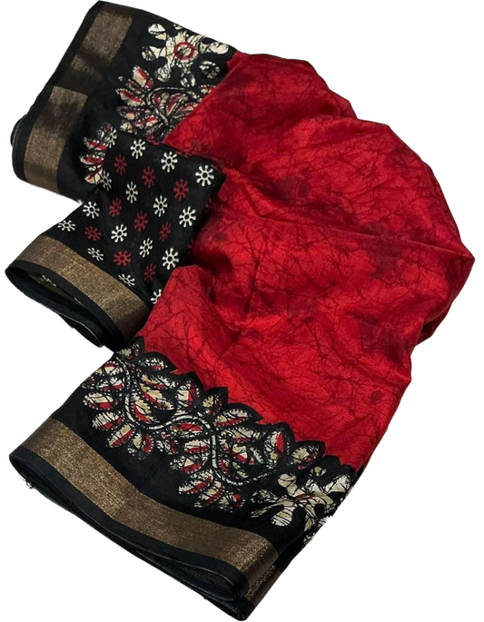 Soft Cotton Crape Bagru Batik Printed Zari Pattu Border Saree with Blouse