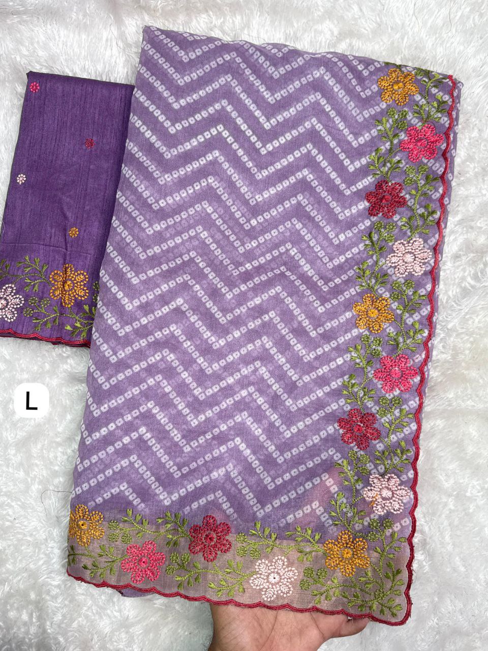 Embroidered Zari Border Bandhani Printed Cotton Satin Saree with Banglori Blouse