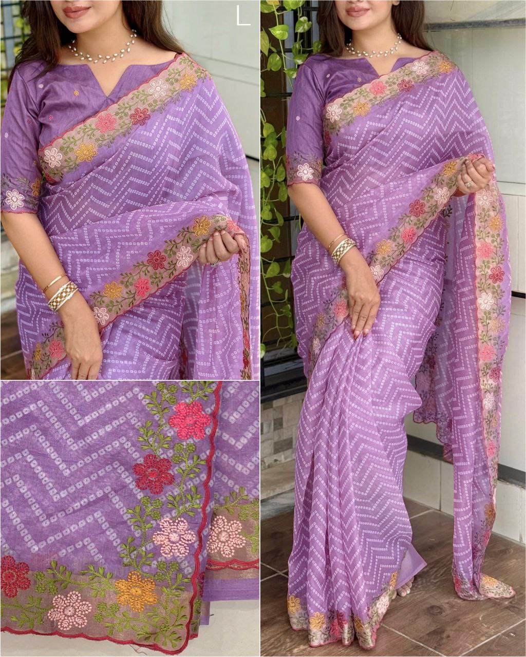 Embroidered Zari Border Bandhani Printed Cotton Satin Saree with Banglori Blouse
