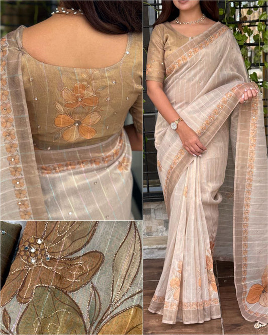 Rainbow Zari Sequins Lining Aari Embroidery & Mirror Work Kantha Tissue Silk Saree With Blouse