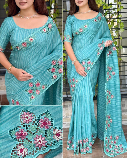Floral Cutwork Embroidered Tussar Cotton Saree with Unstitched Blouse