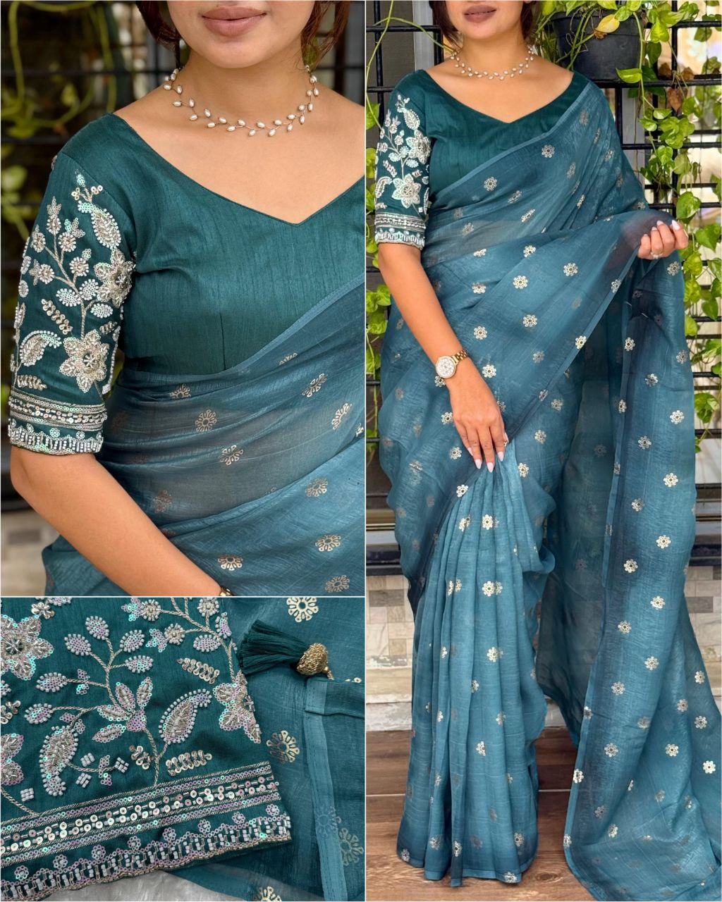 Premium Tissue Crunchy Silk Saree with Bead & Sequins Embroidered Blouse