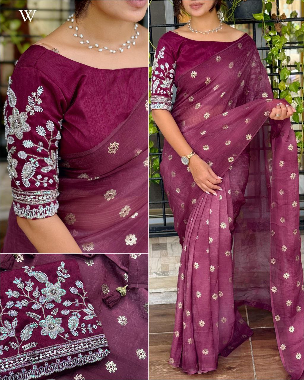 Premium Tissue Crunchy Silk Saree with Bead & Sequins Embroidered Blouse