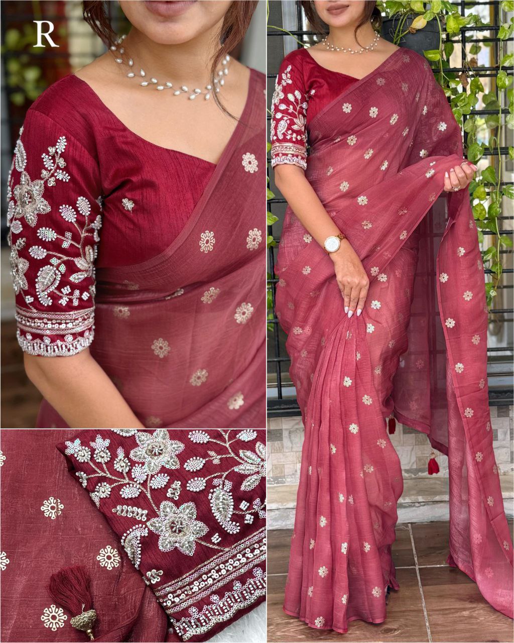 Premium Tissue Crunchy Silk Saree with Bead & Sequins Embroidered Blouse