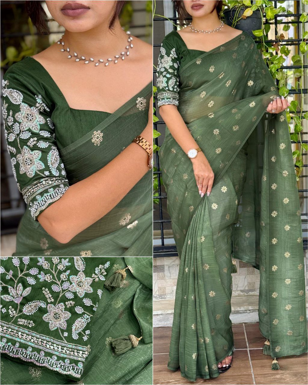 Premium Tissue Crunchy Silk Saree with Bead & Sequins Embroidered Blouse