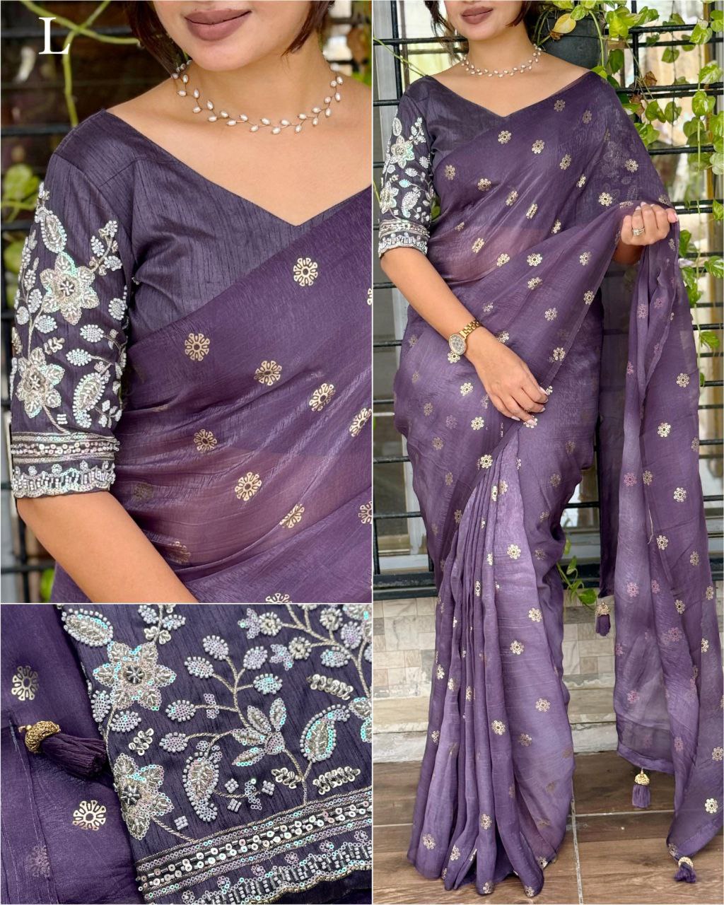 Premium Tissue Crunchy Silk Saree with Bead & Sequins Embroidered Blouse