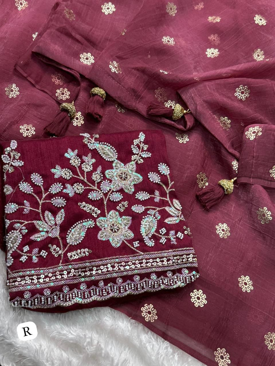 Premium Tissue Crunchy Silk Saree with Bead & Sequins Embroidered Blouse